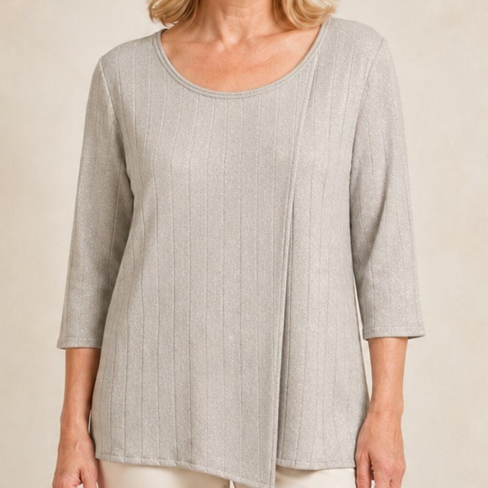 BIANA Metallic Wool Ribbed Top Womens XL Layered Champagne Beige Shimmer